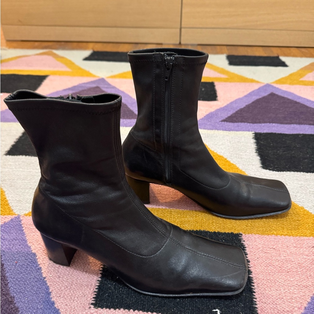 Miista Black Leather Square-Toe Ankle Boots
